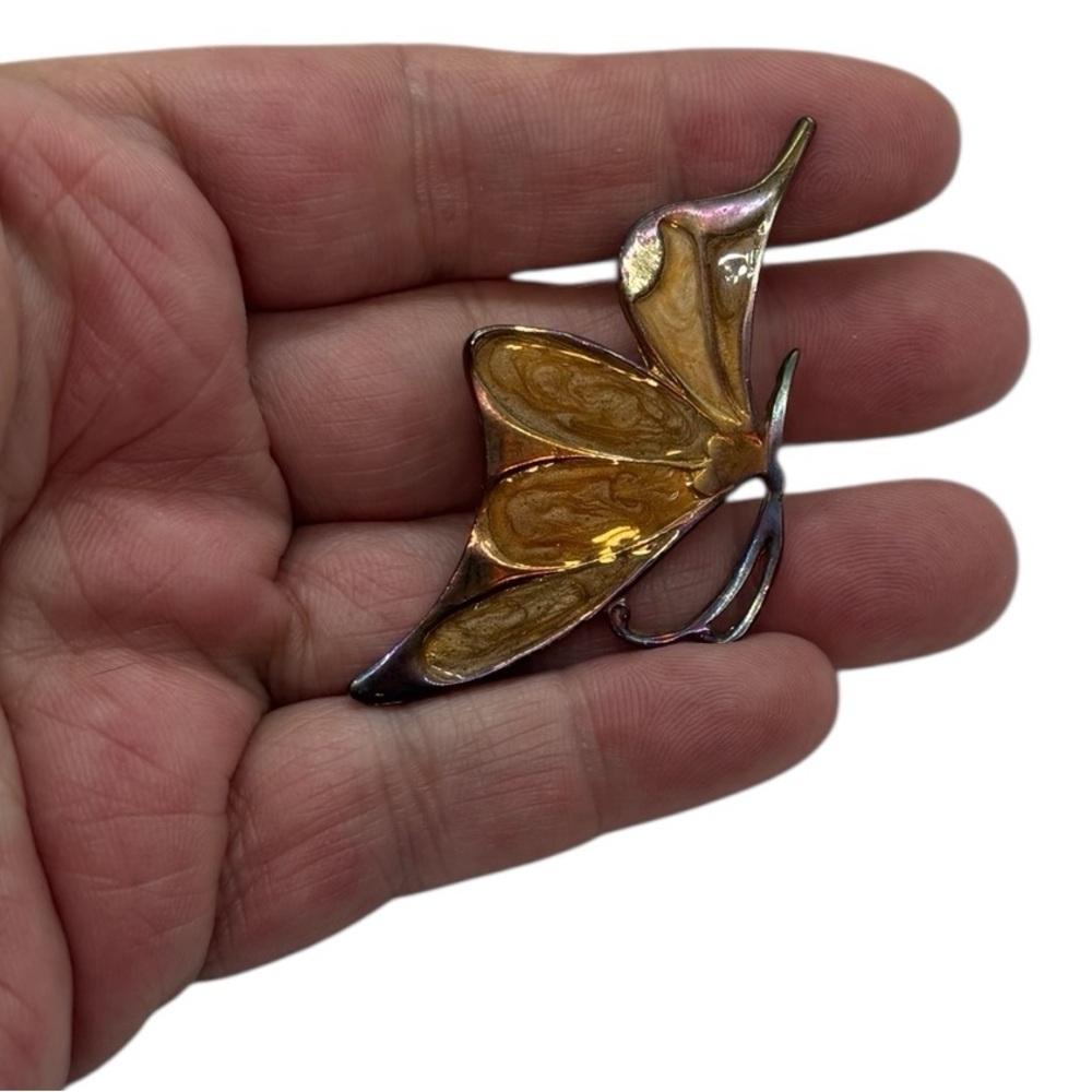 Vintage Swirled Enamel Gold Bronze Tone Butterfly Brooch